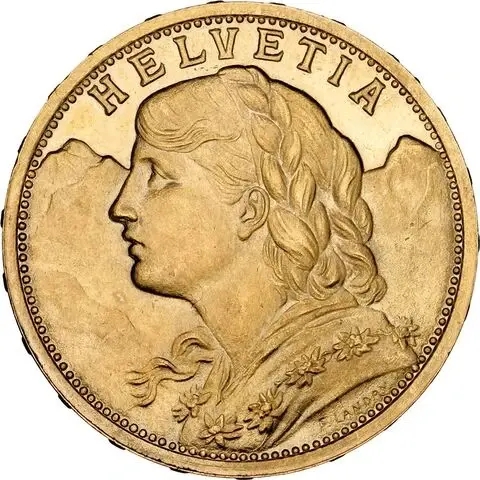 Moneta d'oro puro 900.0 - Vreneli 20 Franchi Svizzeri Helvetia Anni Misti