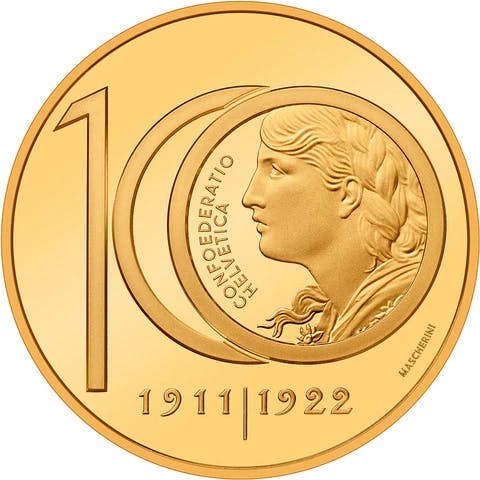 50 Swiss Francs Gold Coin - Vreneli 100 years