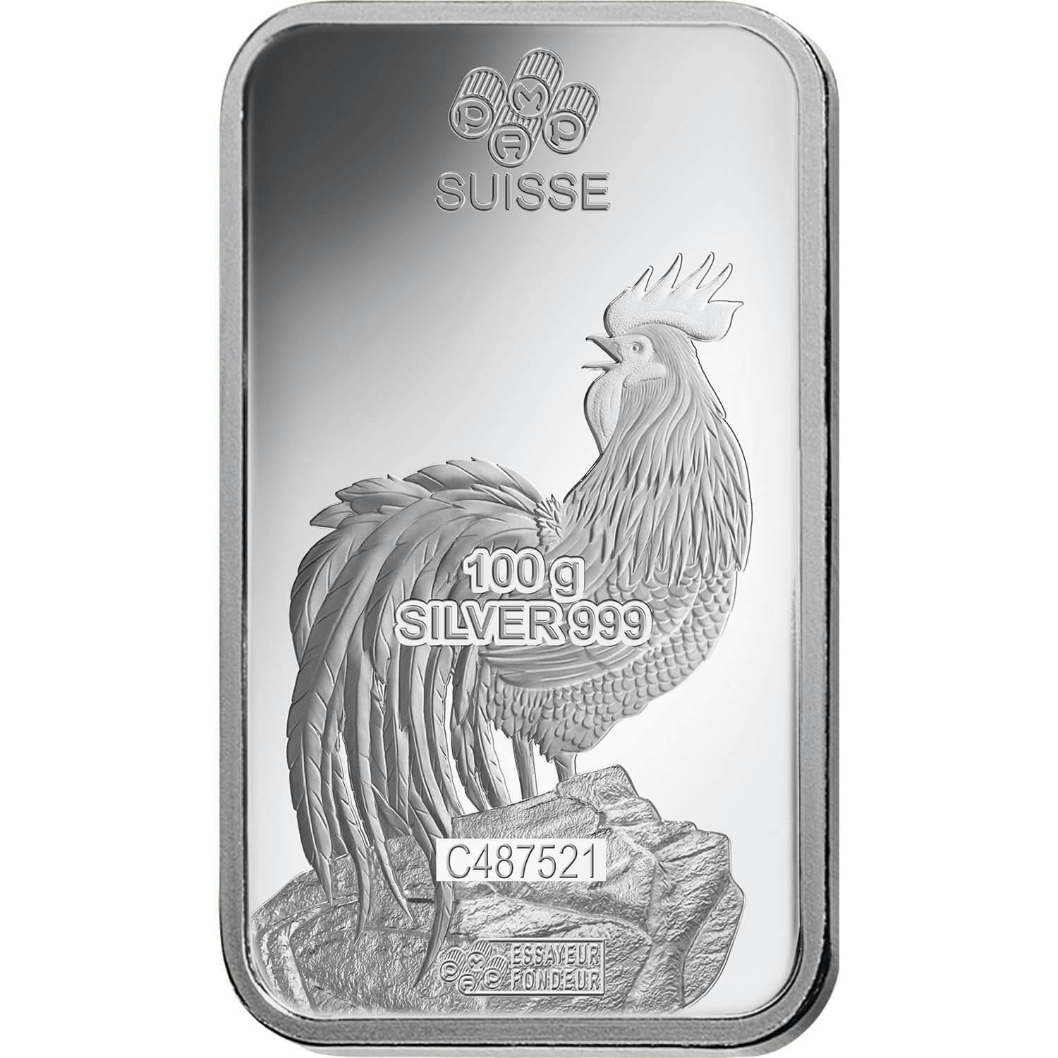 Investire in 100 grammi lingottino d'argento puro 999.9 - PAMP Svizzera Lunar Gallo - Back