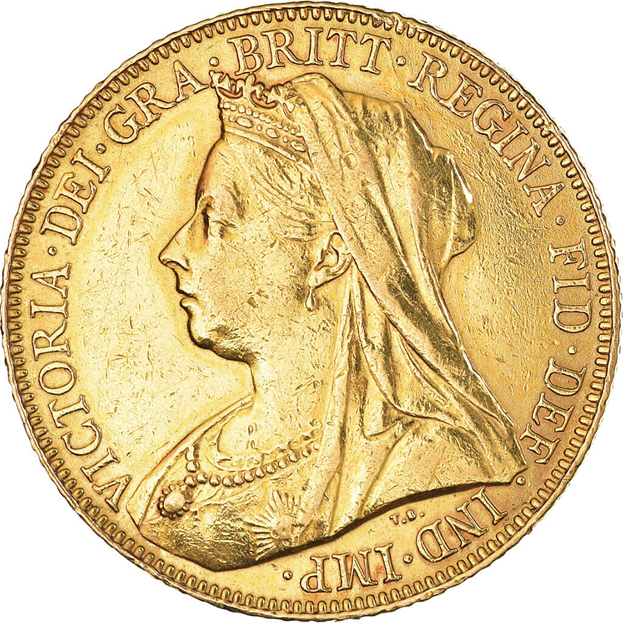 Vorderseite der Queen Victoria Sovereign Goldmünze