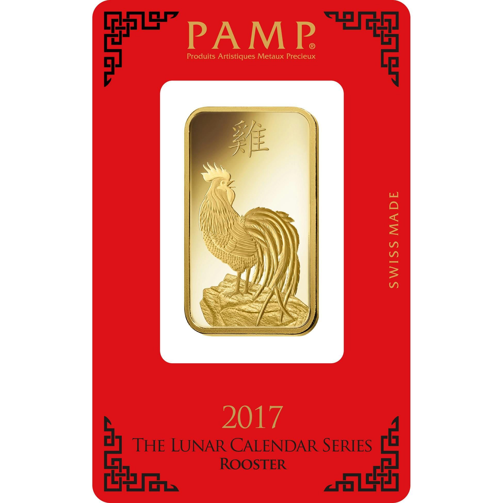 investir dans l'or, 1 once Lingotin, Lingot d'or pur Lunar Coq - PAMP Suisse - Pack Front