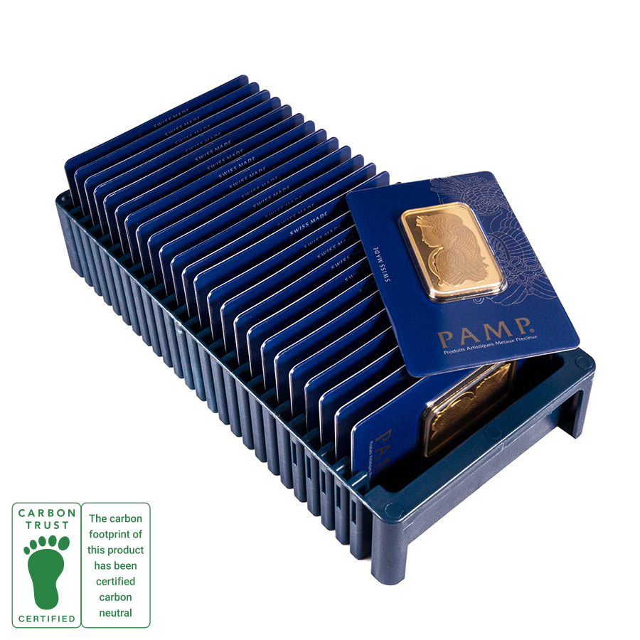 Eine Box mit 25 Stück 1-Unzen-Goldbarren der Marke "Carbon Neutral Lady Fortuna" mit einem Feingehalt von 999,9.