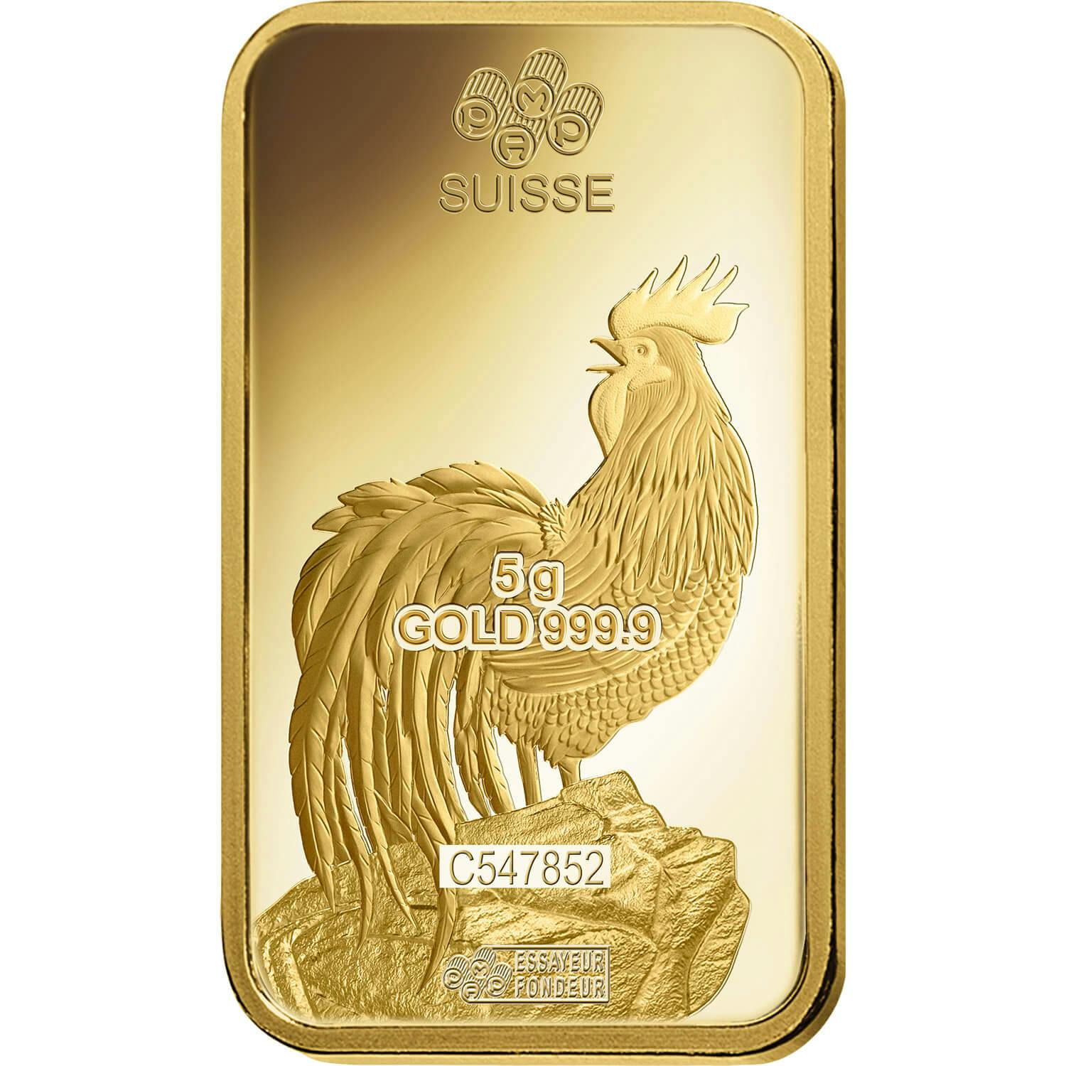 investir dans l'or, 5 gram Lingotin, Lingot d'or pur Lunar Coq - PAMP Suisse - Back