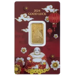 Obverse of the certipamp packaging for the 2024 5 gram Gold Bar Laughing Buddha - Good Luck Obverse of the certipamp packaging for the 2024 5 gram Gold Bar Laughing Buddha - Good Luck