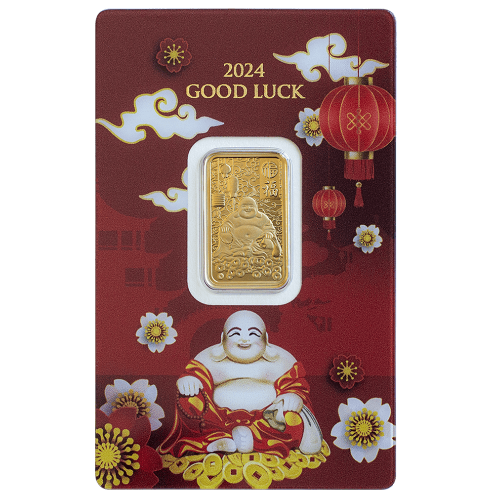 Obverse of the certipamp packaging for the 2024 5 gram Gold Bar Laughing Buddha - Good Luck