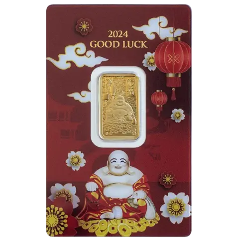 5 Gramm Feingoldbarren 999.9 - Lachender Buddha - Glücksbringer