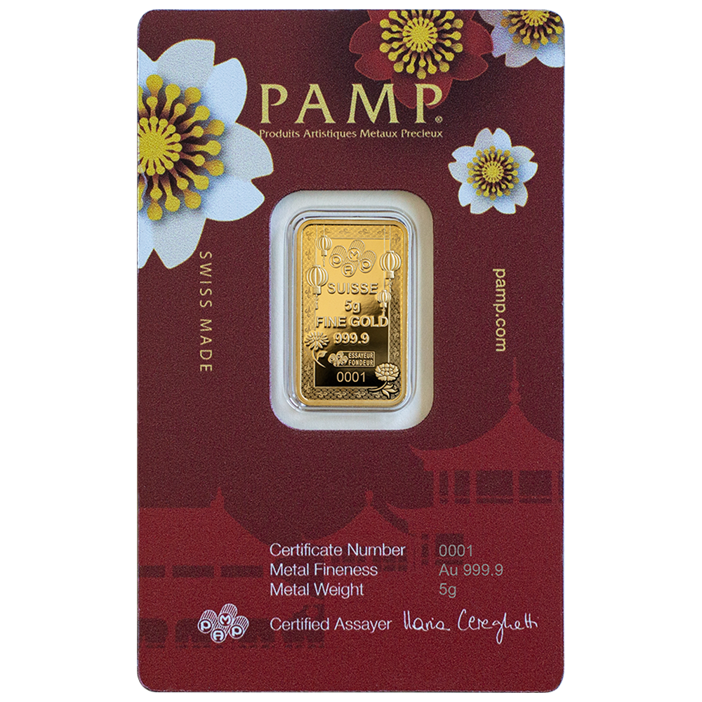 Retro della confezione Certipamp del lingotto d’oro da 5 grammi Buddha che ride 2024