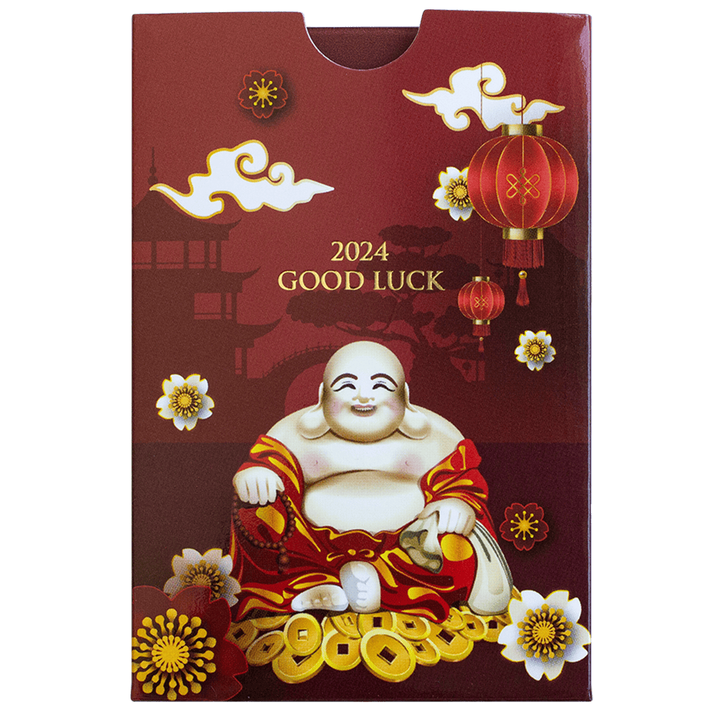 Vorderseite der Verpackungshülle für den 2024 5 Gramm Goldbarren Lachender Buddha