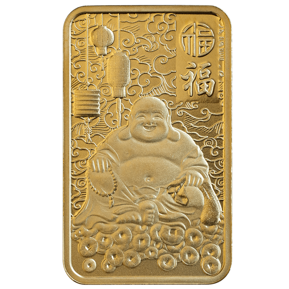 Vorderseite des 2024 5 Gramm Goldbarren Lachender Buddha