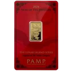 Front side of the 5 gram Lunar Dragon gold bar in custom packaging  The front side of the 5 gram Lunar Dragon gold bar in custom packaging