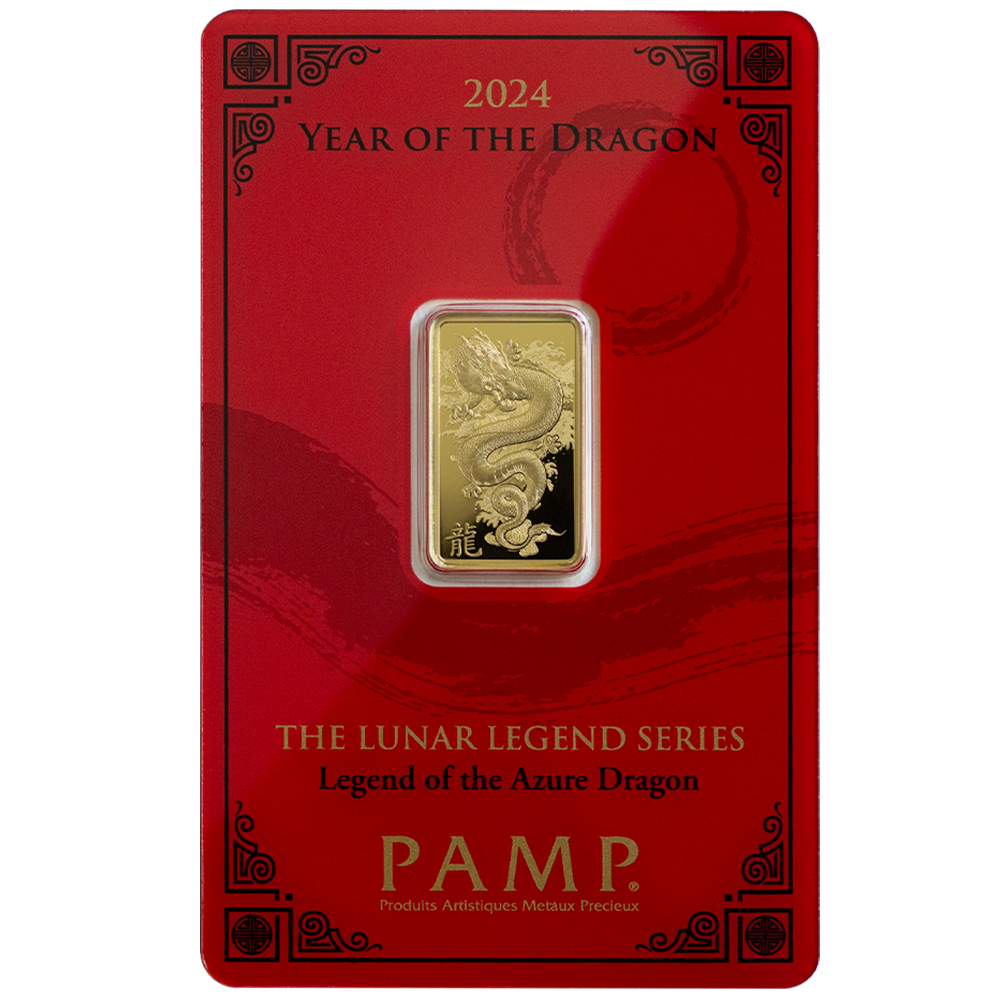 The front side of the 5 gram Lunar Dragon gold bar in custom packaging 