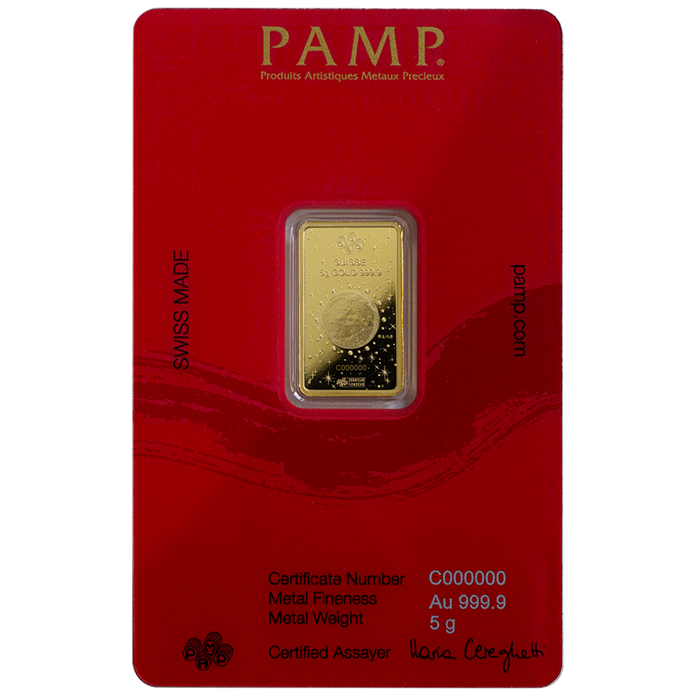 The back side of the 5 gram Lunar Dragon gold bar in custom packaging 