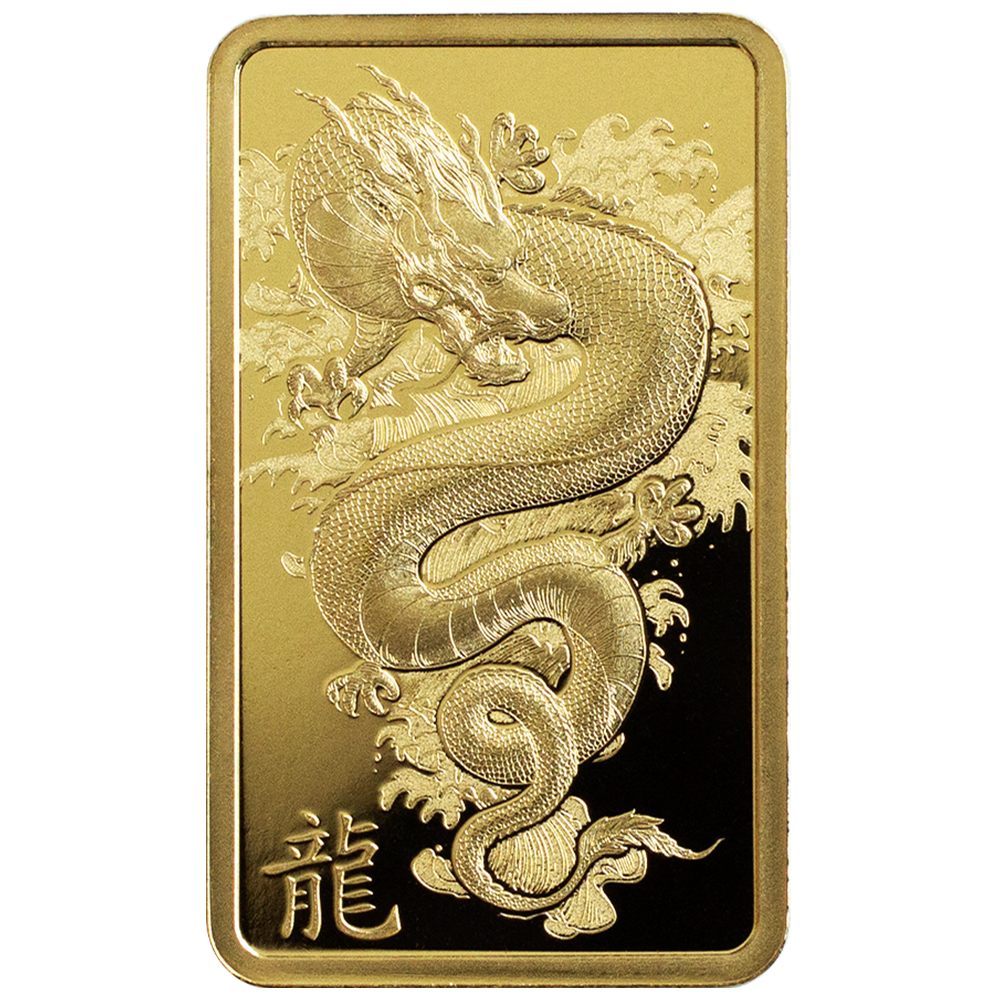 The front side of the 5 gram Lunar Dragon gold bar