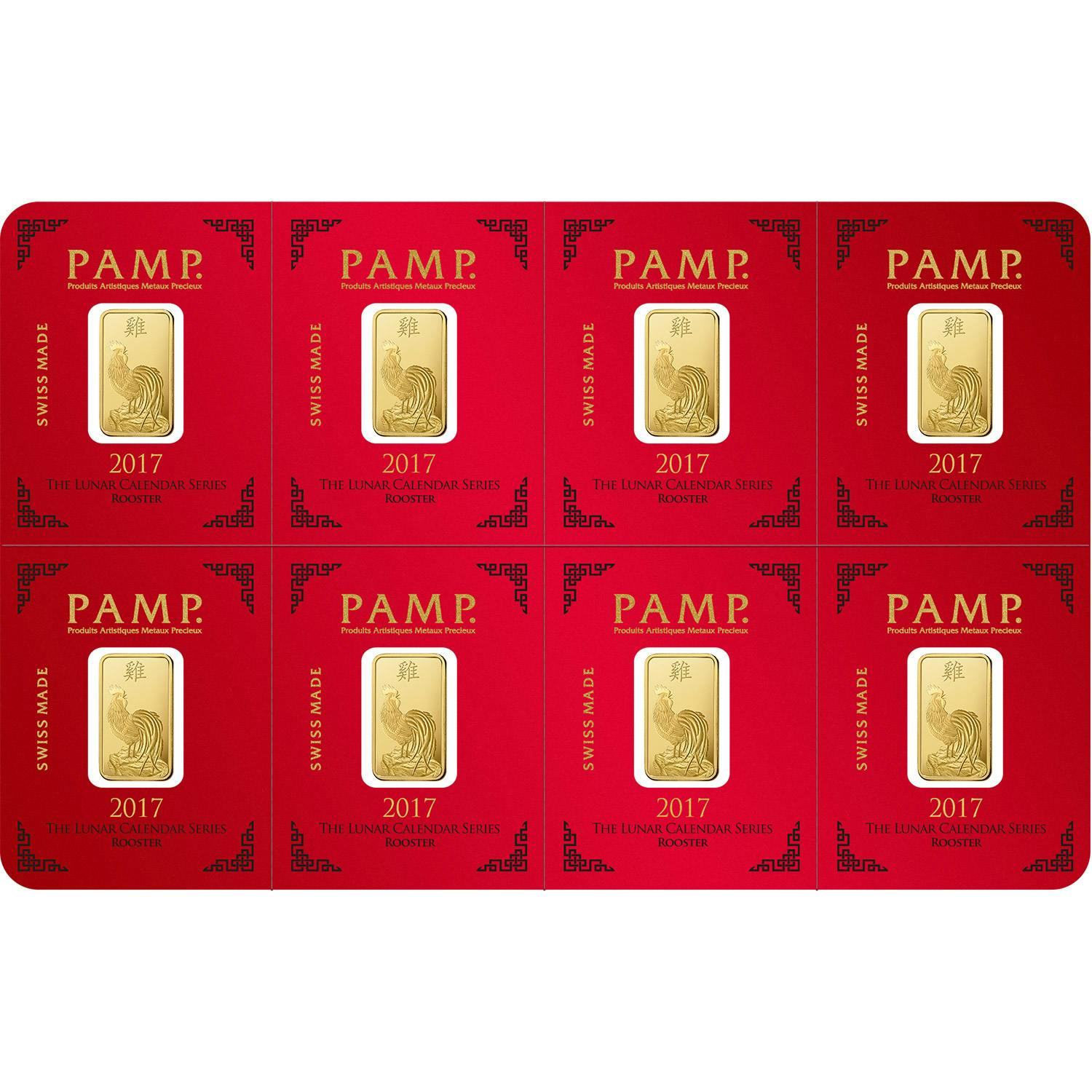 Kaufen Sie 8x1 Gramm FeinGoldbarren Lunar Hahn - PAMP Schweiz - Pack Front