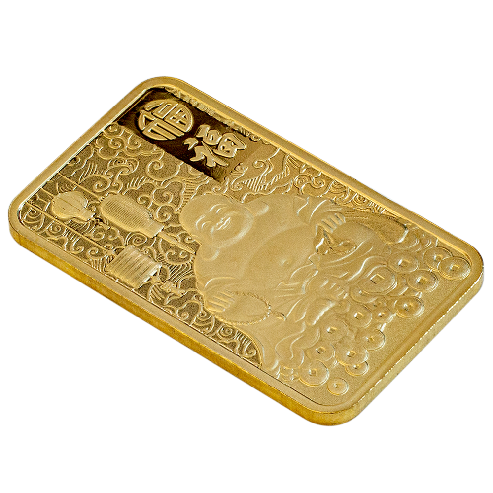 Fronte del lingotto d’oro da 5 grammi Buddha che ride 2024 in prospettiva