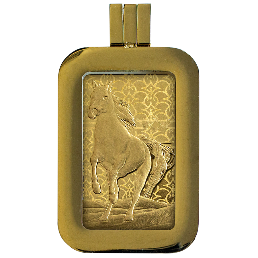 Die Rückseite des 5 Gramm-Goldbarren Arabisches Pferd