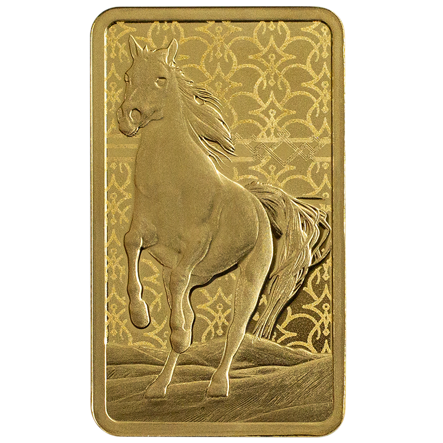The reverse of the 5 gram Arabian Horse gold bar in the frame