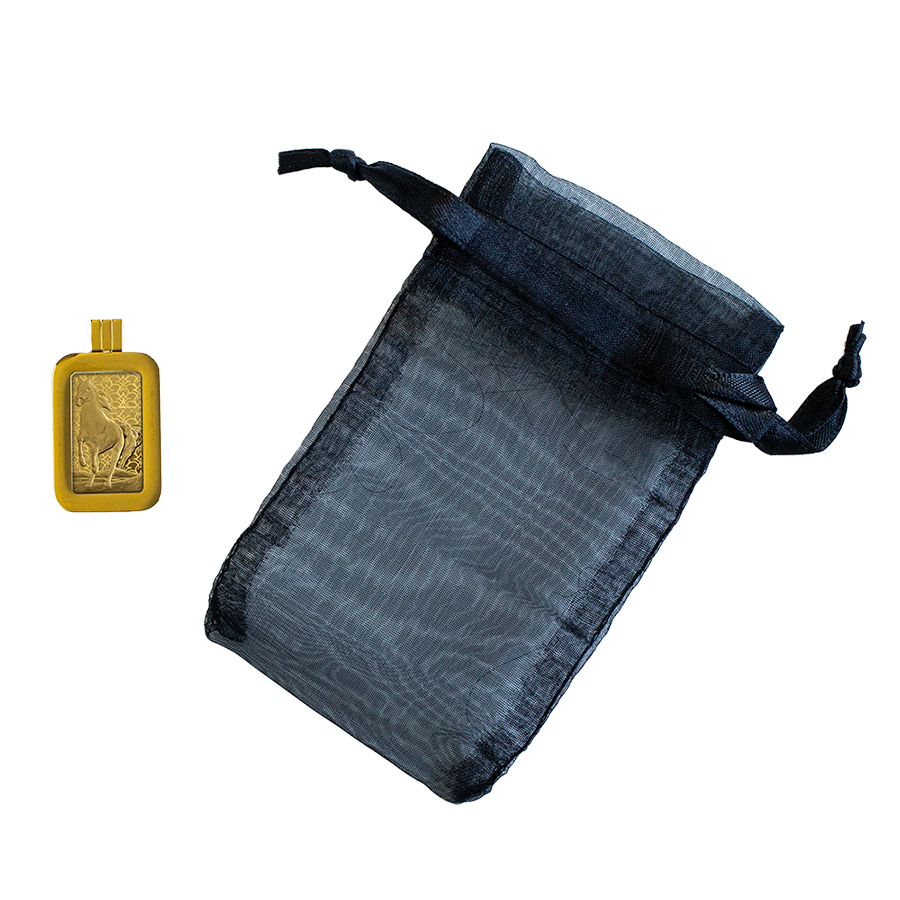 the 5 gram Arabian Horse gold bar with a black gift bag