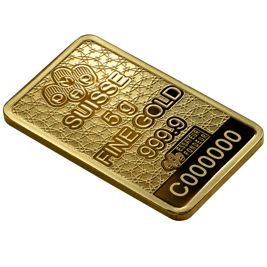 The obverse of the 5 gram Arabian Horse gold bar (perspective)