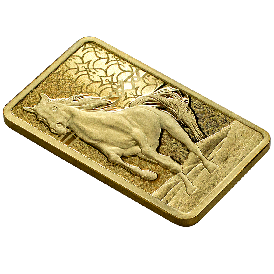 The reverse of the 5 gram Arabian Horse gold bar (perpective)