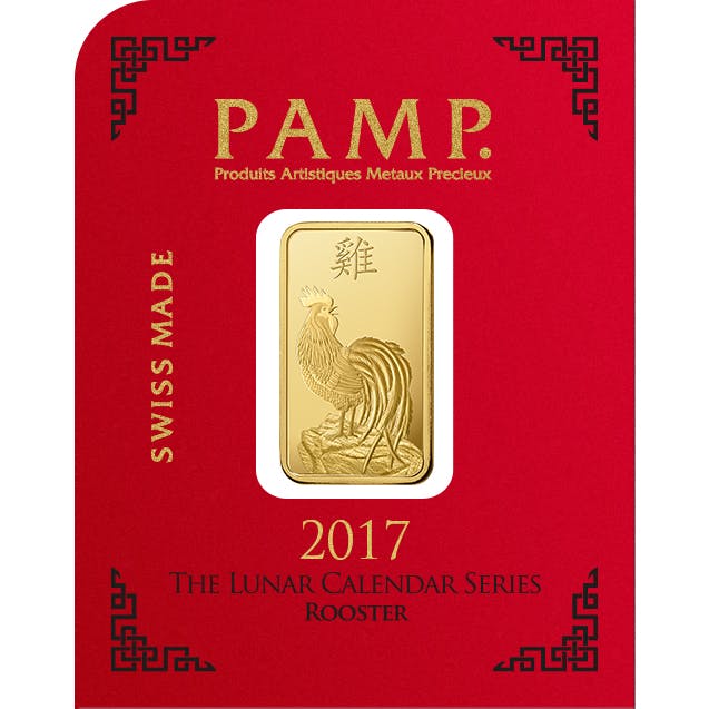 investir dans l'or, 8x1 gram Lingotin, Lingot d'or pur Lunar Coq - PAMP Suisse - Front