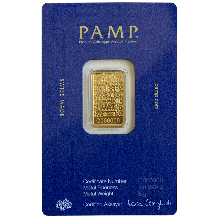 le lingot d'or de 5 grammes Pur-Sang Arabe dans un emballage certi-pamp