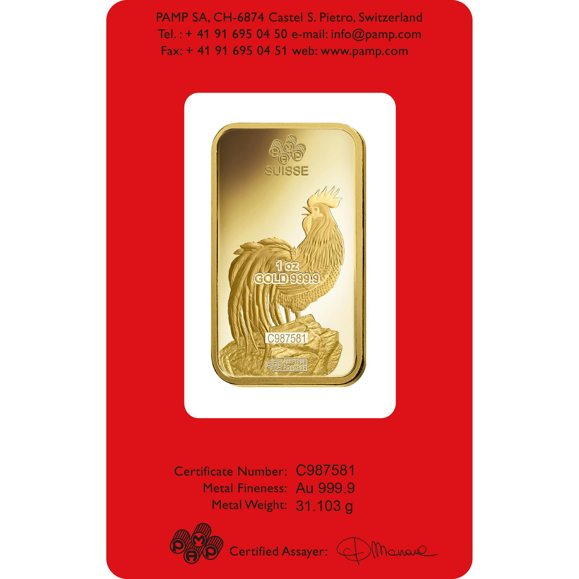 Investire in 1 oncia lingottino d'oro puro 999.9 - PAMP Svizzera Lunar Gallo - Back