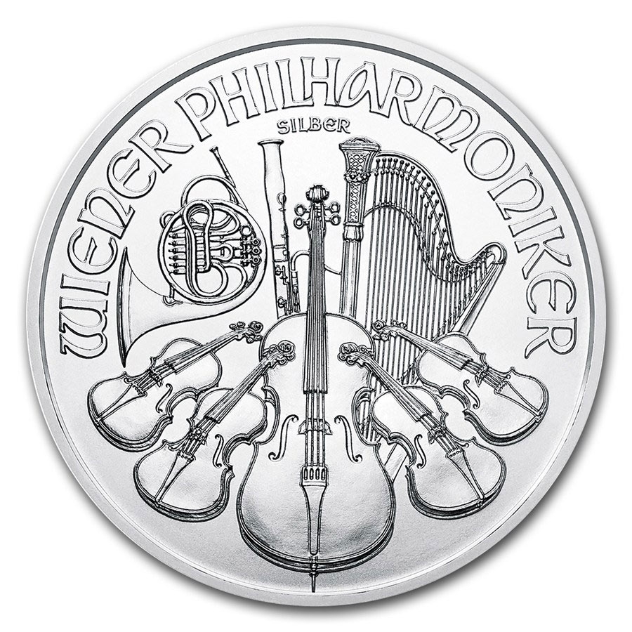 1 oz Fine VAT FREE Silver Coin 999.0 - Philharmonic BU Mixed Years front side 