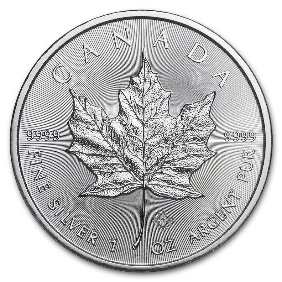 1 oz Fine VAT FREE Silver Coin 999.9 - Maple Leaf BU Mixed Years front side