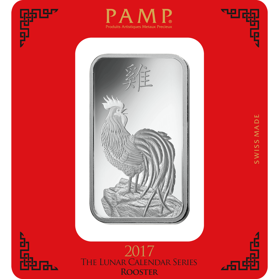 Invest in 100 gram Fine Silver Lunar Rooster - PAMP Swiss - Pack Front