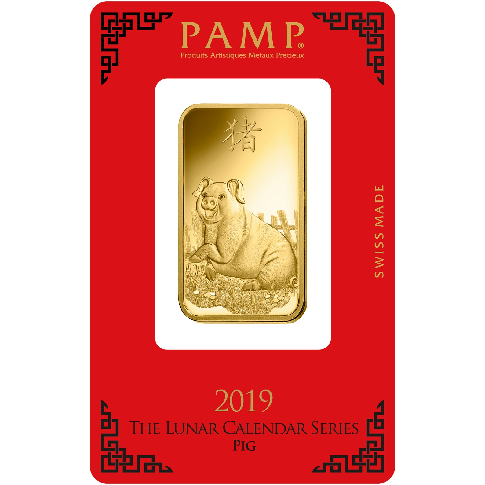 investir dans l'or, 1 once Lingotin, Lingot d'or pur Lunar Cochon - PAMP Suisse - Pack Front
