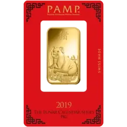 Purchase gold, 1 oz Fine gold Lunar Pig - PAMP Swiss - Pack Front Invest in 1 oz Fine gold Lunar Pig - PAMP Swiss - Pack Front