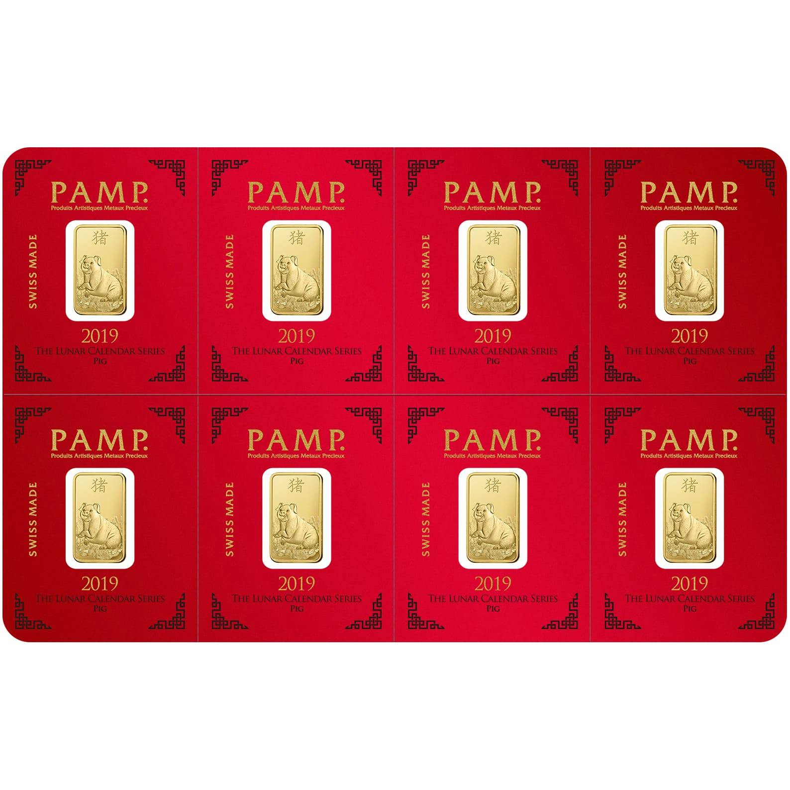 investir dans l'or, 8x1 gram Lingotin, Lingot d'or pur Lunar Cochon - PAMP Suisse - Pack Front