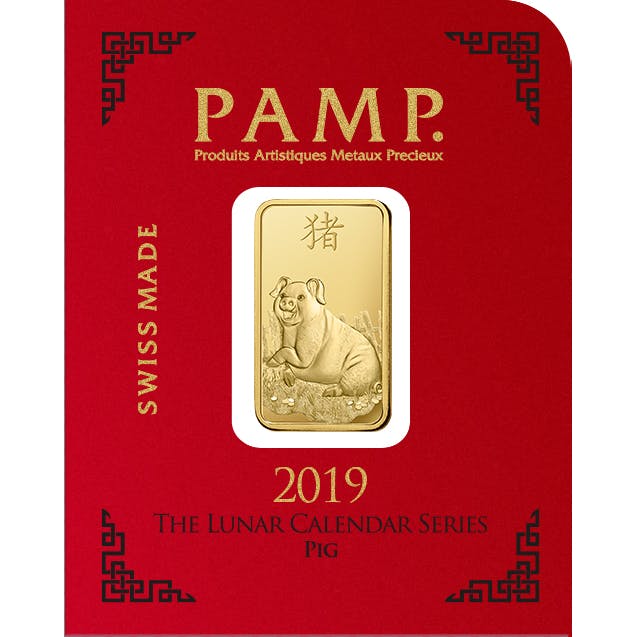 investir dans l'or, 8x1 gram Lingotin, Lingot d'or pur Lunar Cochon - PAMP Suisse - Front