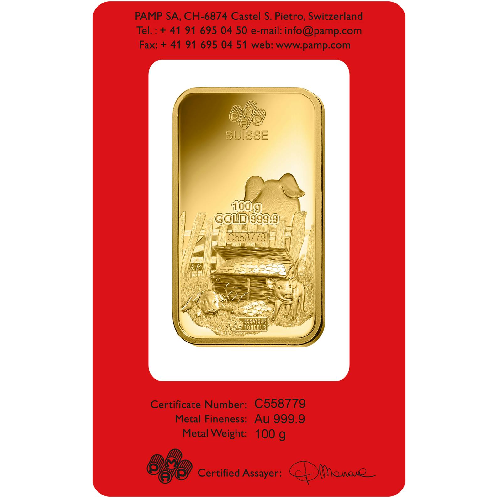 Invest in 100 gram Fine gold Lunar Pig - PAMP Swiss - Back