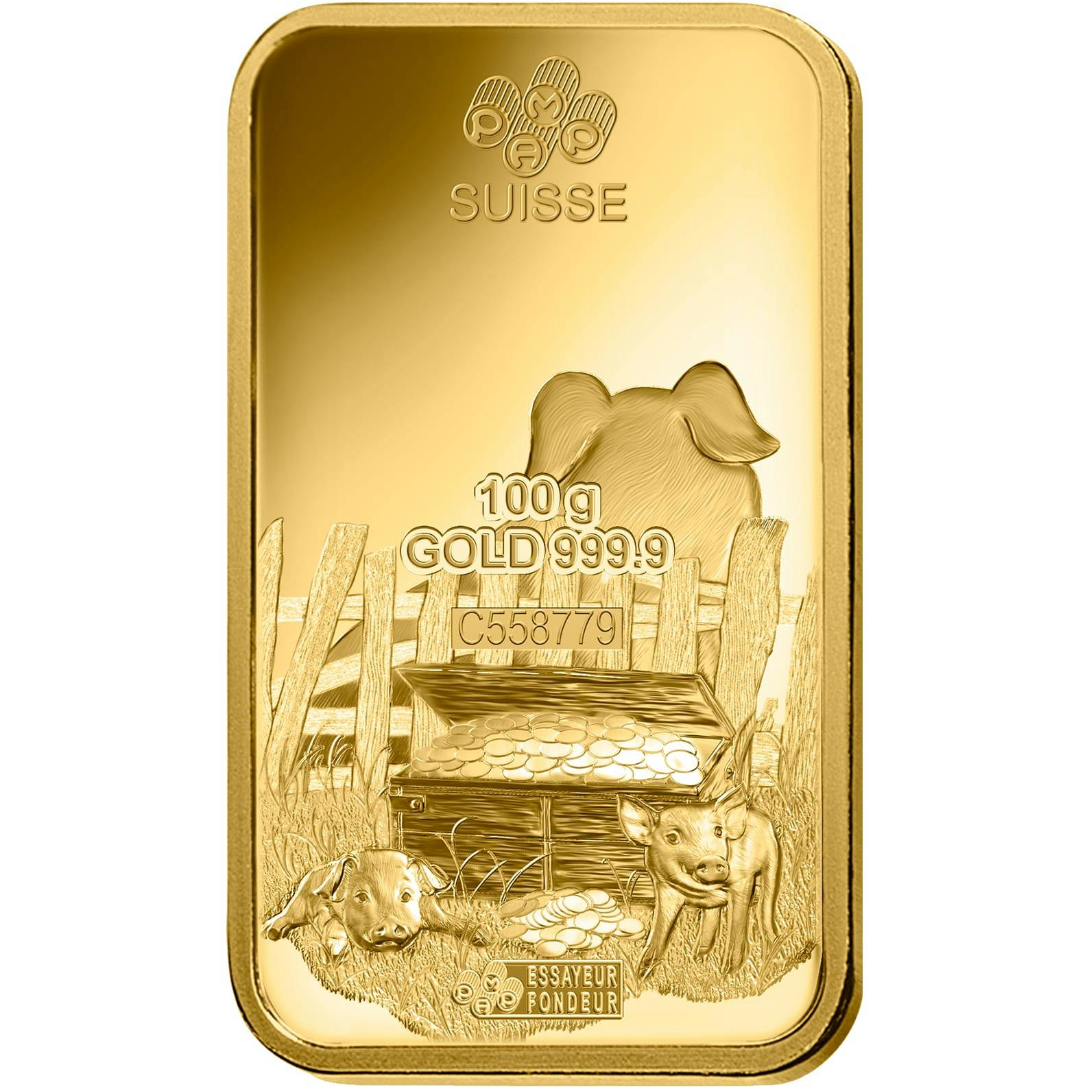 Invest in 100 gram Fine gold Lunar Pig - PAMP Swiss - Back