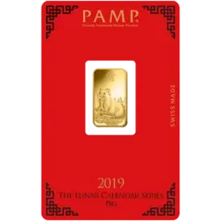 Purchase gold, 5 gram Fine gold Lunar Pig - PAMP Swiss - Pack Front Invest in 5 gram Fine gold Lunar Pig - PAMP Swiss - Pack Front