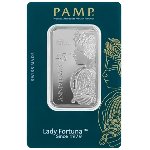1 ounce Silver Bar - Lady Fortuna 45th Anniversary