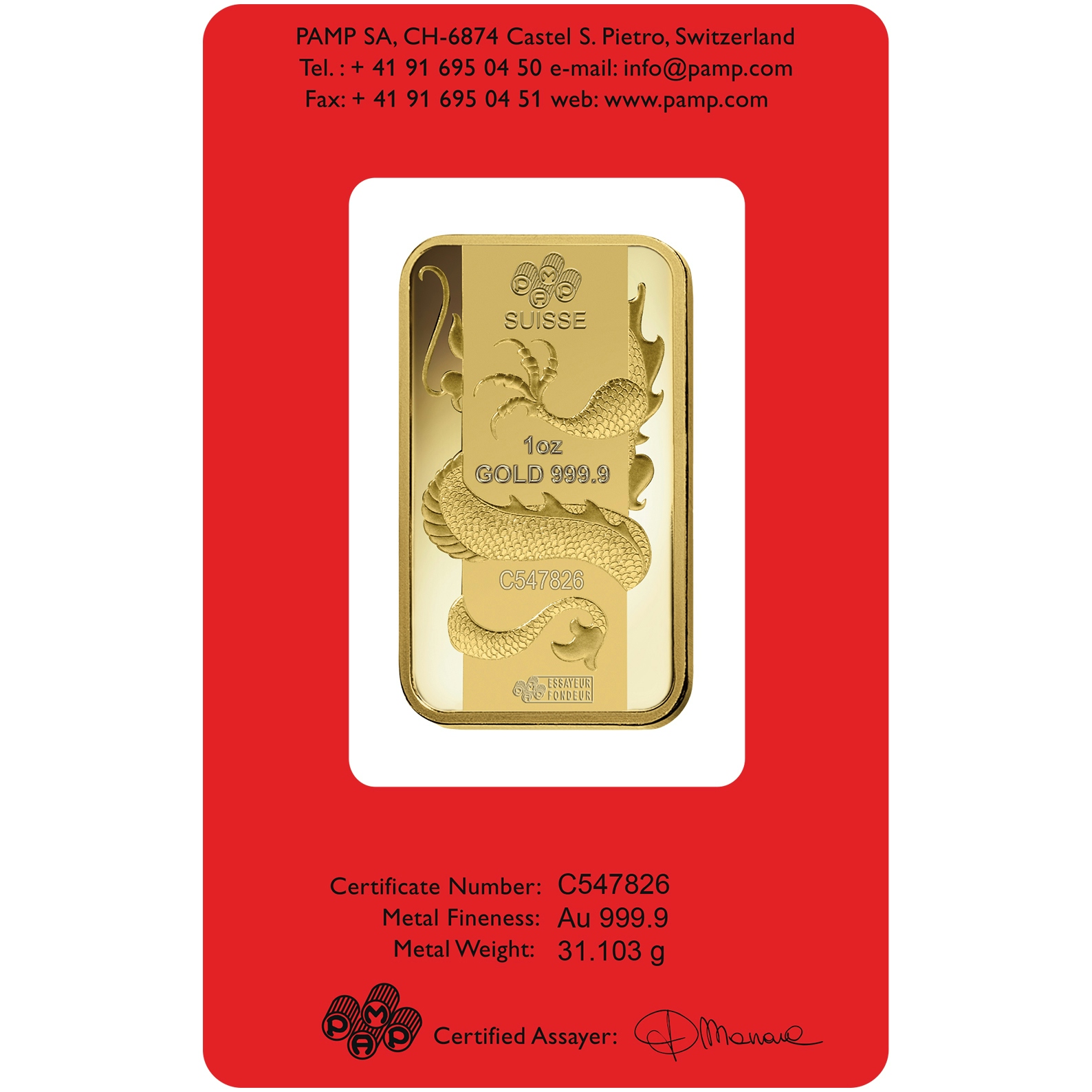 Investire in 1 oncia lingottino d'oro puro 999.9 - PAMP Svizzera Lunar Drago - Back