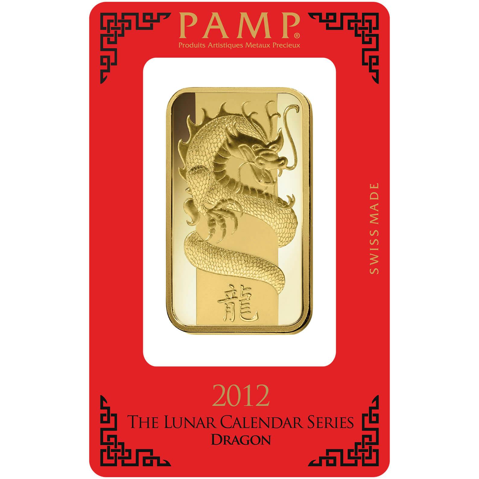 investir dans l'or, 100 gram Lingotin, Lingot d'or pur Lunar Dragon - PAMP Suisse - Pack Front