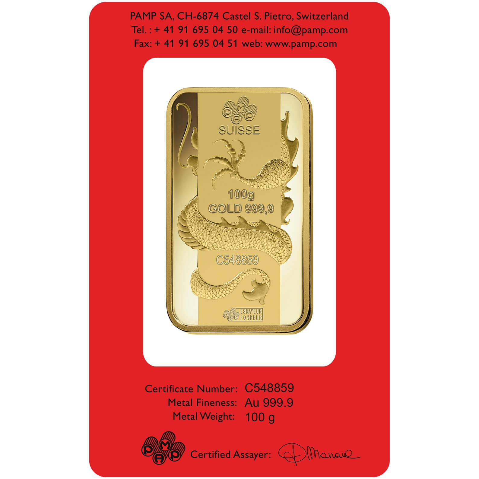 investir dans l'or, 100 gram Lingotin, Lingot d'or pur Lunar Dragon - PAMP Suisse - Back