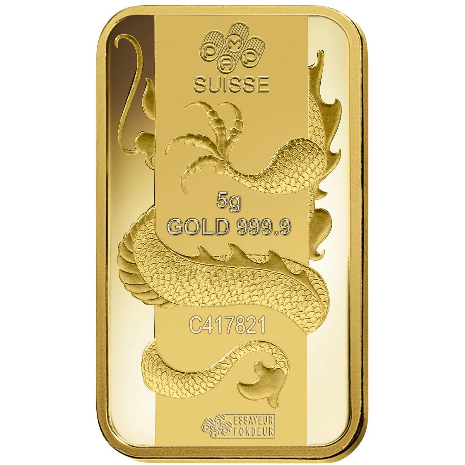 investir dans l'or, 5 gram Lingotin, Lingot d'or pur Lunar Dragon - PAMP Suisse - Back