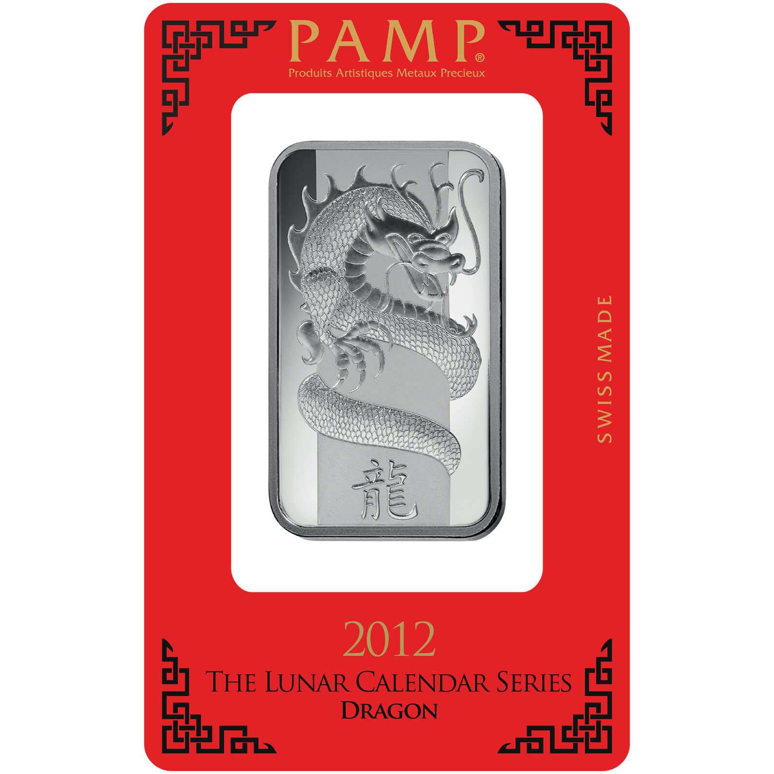 investir dans l'argent, 1 once Lingotin, Lingot d'argent pur Lunar Dragon - PAMP Suisse - Pack Front