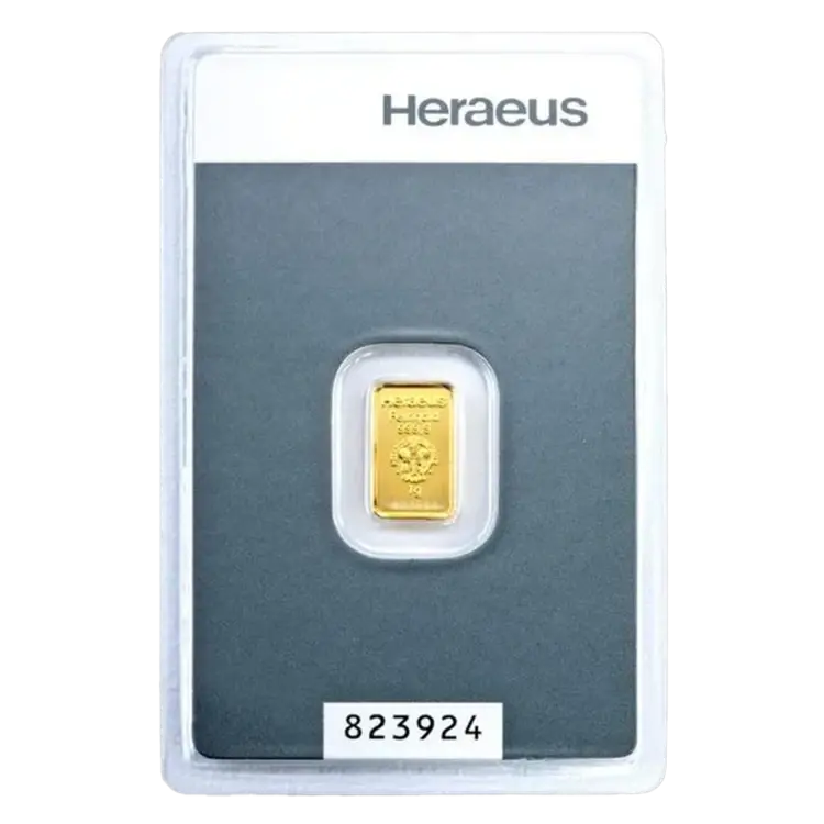 1 gram Gold Bar - Heraeus - Kinebar series