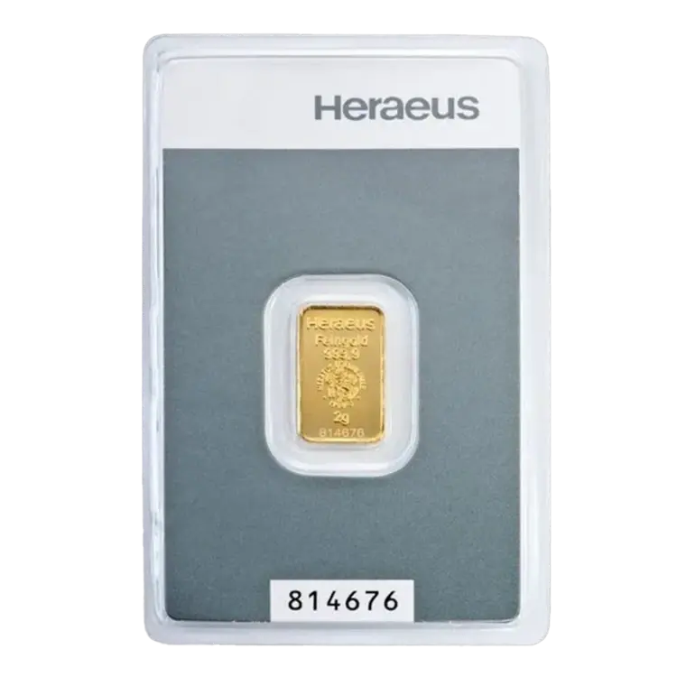 2 gram Gold Bar - Heraeus - Kinebar series