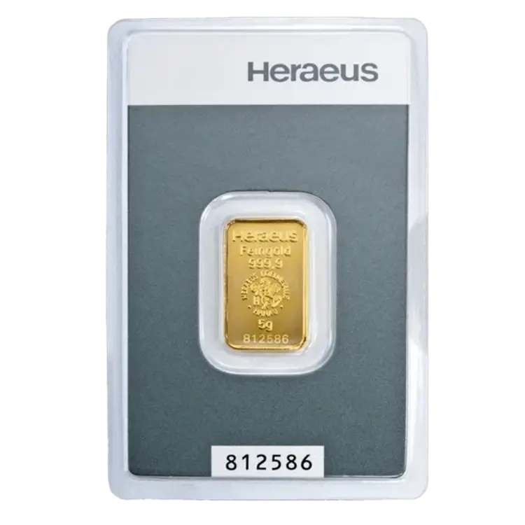 5 grammes lingotin d'or - Heraeus - Kinebar series