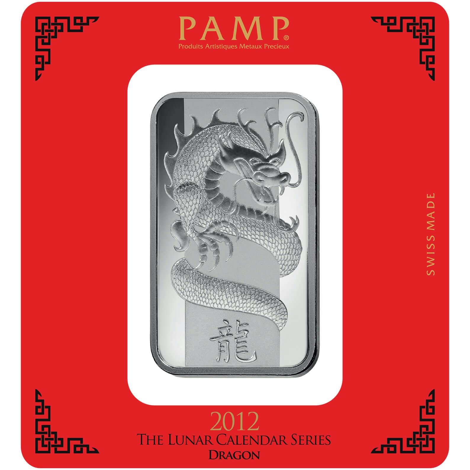 investir dans l'argent, 100 gram Lingotin, Lingot d'argent pur Lunar Dragon - PAMP Suisse - Pack Front