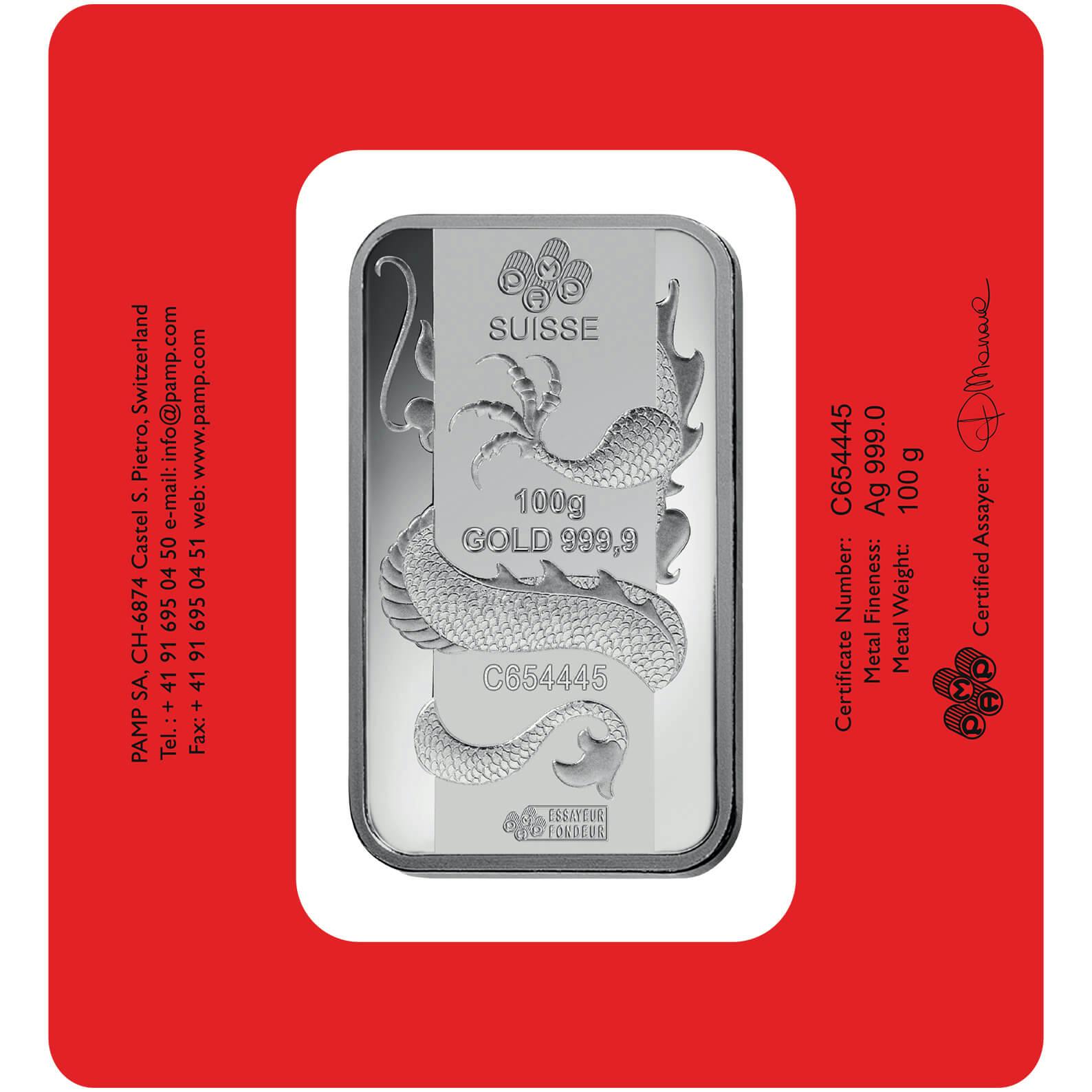 Investire in 100 grammi lingottino d'argento puro 999.9 - PAMP Svizzera Lunar Drago - Back