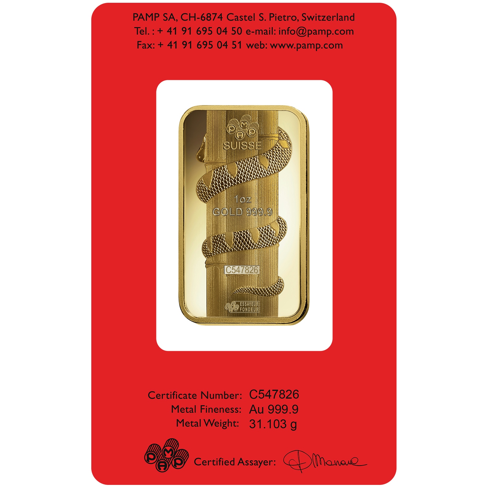 investir dans l'or, 1 once Lingotin, Lingot d'or pur Lunar Serpent - PAMP Suisse - Back