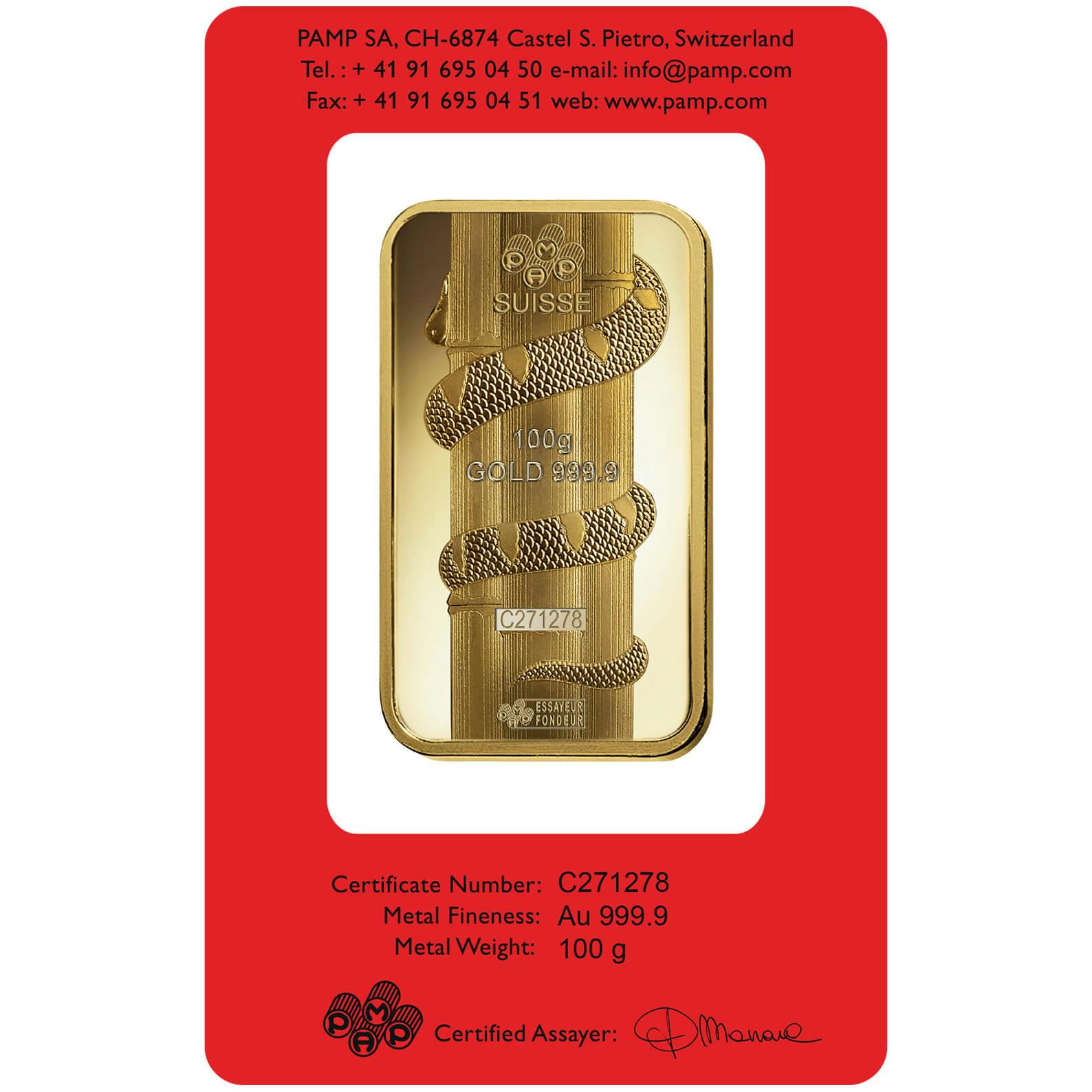 investir dans l'or, 100 gram Lingotin, Lingot d'or pur Lunar Serpent - PAMP Suisse - Back